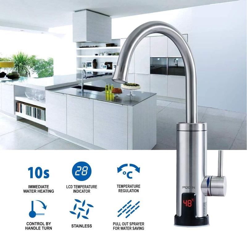 Pudin,220V Electric Instant Heater,Supply Hot and Cold Water,Stainless Hot Water Tap with LED Digital Display for Home Facilities(British Plug) 4