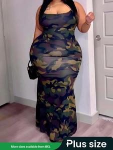 【Plus Size】 Camo / Floral Print Cami Dress, Fashion Casual Cami Dress for Daily Outdoor Wear, Women Plus Clothing for Spring Fall