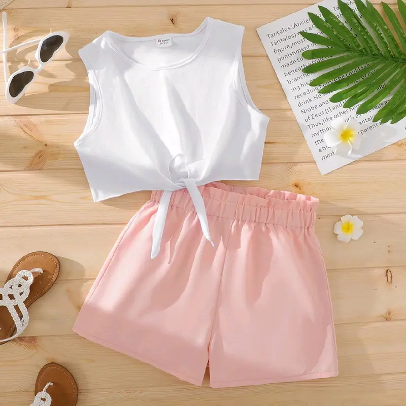 Girls Tie Knot Sleeveless Top & Paperbag Shorts Set 6