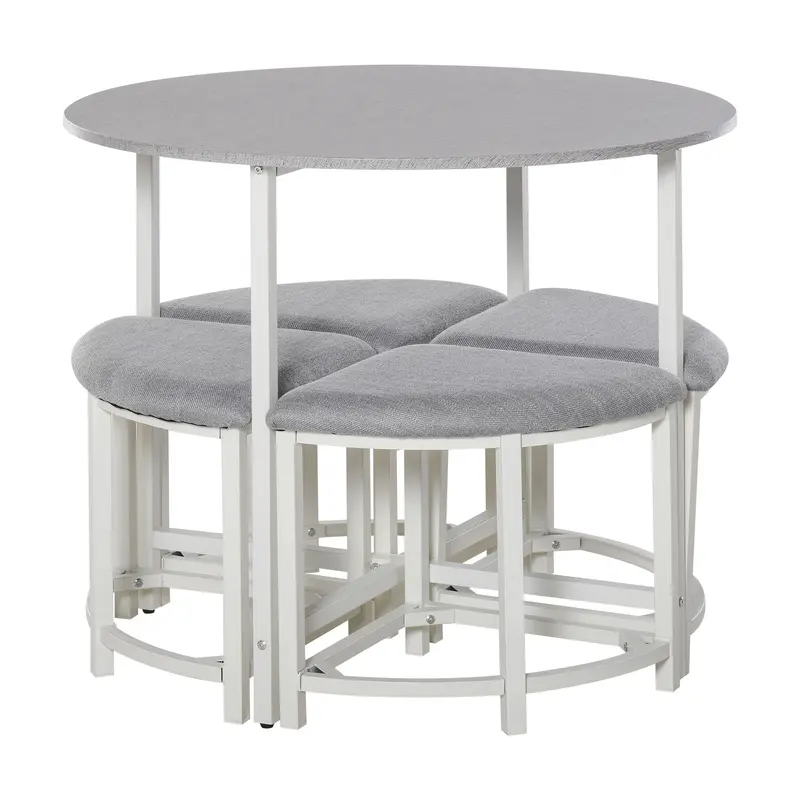 HOMCOM Modern Round Dining Table Set with 4 Upholstered Stools for Dining Room, Kitchen, Grey 0