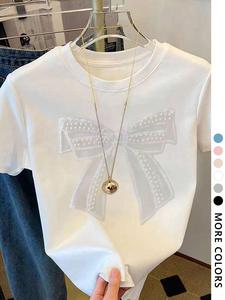 Women's Bow Print Round Neck Tee, Casual Short Sleeve T-shirt for Daily Wear, Ladies Clothes for All Seasons, Shortsleeve Top