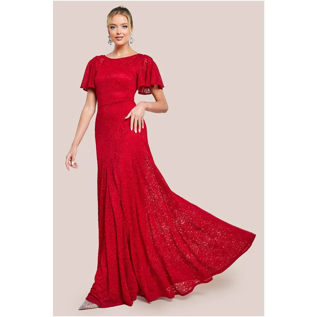 Goddiva Flutter Sleeve Lace A-Line Maxi Dress - Red