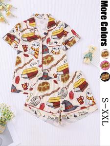 Women's All Over Print Short Sleeve Shirt & Elastic Waist Shorts Pyjama Two-piece Set, Casual Comfy Lapel Neck Shortsleeve Top & Shorts Pj Set, Ladies Pajamas for All Seasons, Nightwear, Homewear, Womens Clothes,  Sleepwear Loungewear, Womenswear