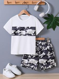 Two-Piece Set Boy's Camo Print Short Sleeve Tee & Camo Print Shorts Set, Casual Round Neck T-shirt & Elastic Waist Shorts, Summer Clothes for Kids