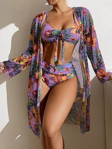 Three-piece Set Women's Summer Tropical Print Bikini Sets, Bathing Suits Women, Knot Front Wireless Top & Bikini Bottom & Beach Cover Up Summer Swimsuit Sets, Gym Outfits, Korean Swimming Suit, Swimsuit for Women, Curve Swimwear Uk, Bikini Top Trunks