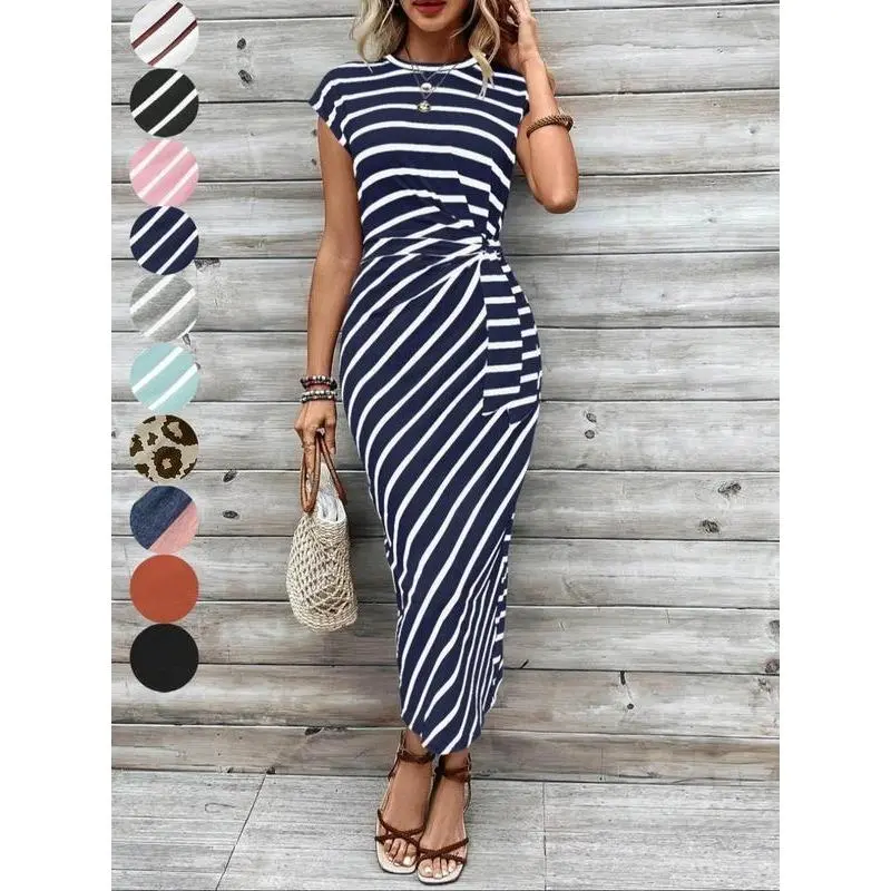 Striped Print Knot Bodycon Dress, Elegant Drop Shoulder Short Sleeve Long Dress Summer Dresses, Sundress, Ladies Clothes, Balkan School Outfits, Teacup Dress, Tall Clothing Women, Dresses for Women
