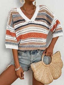 Women's Colorblock Striped Hollow Out V Neck Top , Casual Loose Top for Summer, Fashion Women's Clothing for Daily Wear, Baggy Vintage Tops