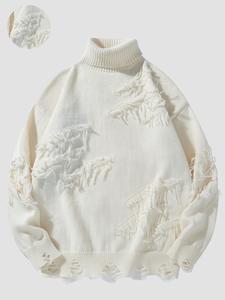 Men's Ripped Distressed Hem Drop Shoulder  High Neck Sweater, Regular Fit Casual Long Sleeve Jumper for Fall & Winter, Fashion Men's Knitwear for Daily Wear