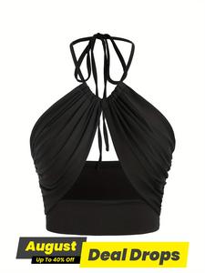 Women's Solid Ruched Tie Back Halter Neck Cropped Cami Top, Fashion Basic Casual Slim Fit Backless Top for Summer, Ladies Clothes for Beach Holiday Vacation, Fabric Womenswear, Summer Tops, Black Halter Sleeveless Top