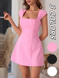 Women's Solid Color Square Neck Short Dress, Chic Casual Fashion Sweet Fitted Sleeveless A Line Dress for Party Dating Wear, Ladies Summer Clothes, Womenswear