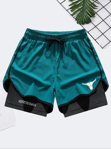 Men's Letter & Bull Head Print 2 in 1 Double Layer Drawstring Waist Shorts, Regular Fit Casual Breathable Quick Drying Anti-Exposure Shorts with Built-in Pocket for Summer, Men's Bottoms for Daily Wear