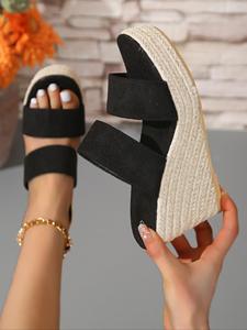 Women's Fashionable Black Color Slip on Boho Style Wedge Sandals, Casual Comfortable Wedge Sandals for Summer, Lightweight Breathable Shoes for Daily Wear, Girl