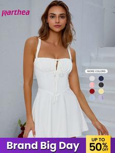 Women's Plain Lace Up Backless Cami Dress, Elegant Minimalist Basic Ruched Tie Front Sleeveless Short Dress for Party Dating Wear, Ladies Summer Clothes, Formal Elegant Dress