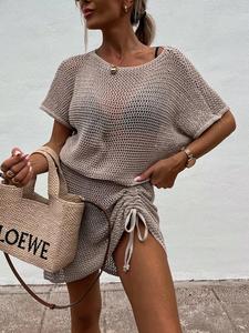 Women's Solid Color Hollow Out Knit Sweater Dresses, Casual Fashion Round Neck Drawstring Dresses, Ladies Summer Clothes for Daily Wear, Casual Chic Outfit, Womenswear