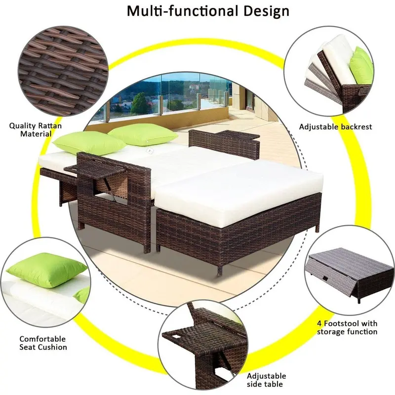 Brown 2 Seater Rattan Garden Daybed With Side tables and Thick Comfy Cushions - Perfect For Enjoying Long Lazy Summer Days 5