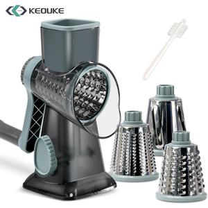 Keouke Rotary Cheese Grater, 1 Count Manual Vegetable Chopper with 3 Counts Replaceable Stainless Steel Cutting Blade, Hand Crank Vegetable Shredder, Vegetable Cutting Slicer, Multifunctional Kitchen Utensil, Summer for Gift, Vegetable Fruit Cutter