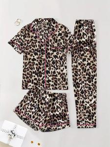 Women's Leopard Print Pyjama Set, Casual Comfy Short Sleeve Top & Elastic Waist Pants & Shorts Pj Set, Ladies Summer Sleepwear,  Women's Pajamas Set