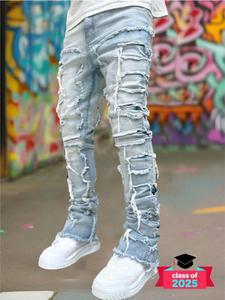 Men's Regular Fit Plain Embroidery Ripped Straight Leg Jeans, Casual Comfy Denim Pants for Daily Wear, Fashion Men's Bottoms for All Seasons, Cotton, Streetwear Denim Menswear