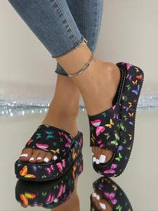 Women's Fashionable Butterfly Pattern Slippers, Thick Bottom Slippers, Casual Comfortable Flat Sandals for Beach, Outdoor, Daily Wear