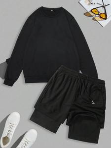 Men's Solid Long Sleeve Sweatshirt & Track Shorts Set, Casual Round Neck Pullover & Shorts, Two-piece Outfits for All Seasons