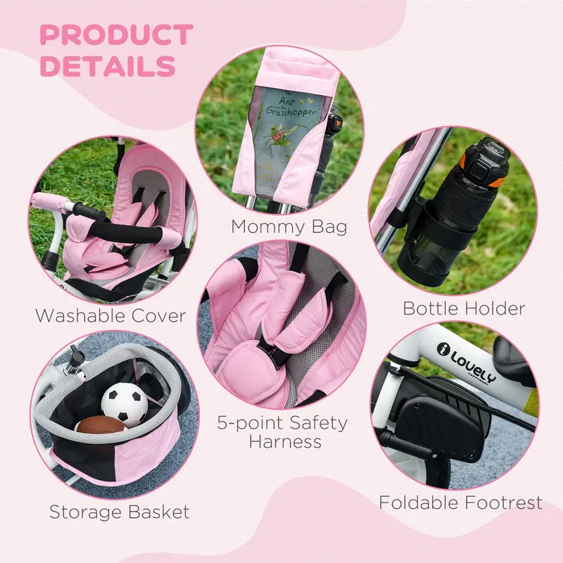 HOMCOM 4 in 1 Kids Trike Push Bike w/ Push Handle, Canopy, 5-point Safety Belt, Storage, Footrest, Brake, for 1-5 Years, Pink | Aosom UK 6