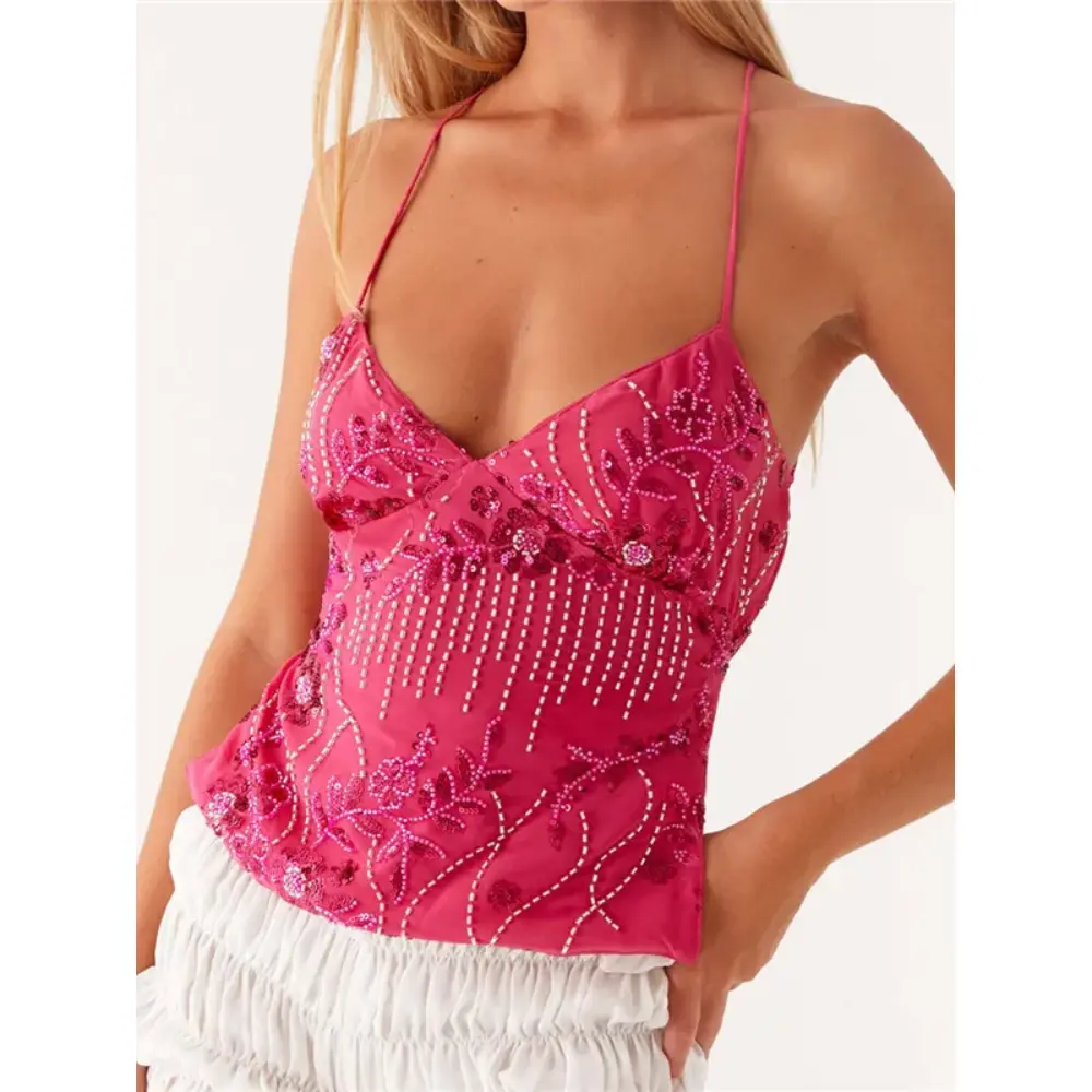 Fashion Solid Sequins Halter Crop Tops For Women Glitter Y2k Backless Lace-up Slim V Neck Top Summer Party Camisole Tank Shirts Womenswear Comfort Short Blue 1