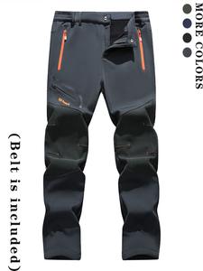 Men's Solid Letter Patched Zipper Pants, Casual Comfy Waterproof Soft Shell Thermal Lined Trousers for Outdoor Activities, Men's Bottoms for All Seasons, Menswear