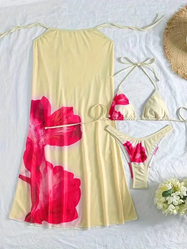 Summer Trend 3pcs Women'S Fashion Sexy Bikini Set with Floral Print, Wrap Skirt, and Strapless Top - High Stretch Fabric, Ideal for Casual Beach and Pool Swimsuit 3