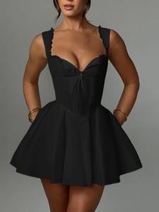 Women's Contrast Lace Sweetheart Neck Fit and Flare Dress, Elegant Button Corset Structure Short Dress for Party Wedding Guest, Ladies Summer Clothes