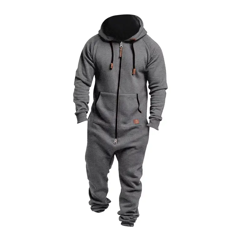 New foreign trade men's hooded fleece jumpsuit solid color casual men's suit jumpsuit 3