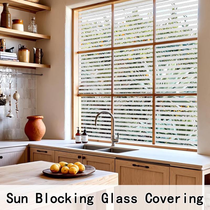 Product Introduction of Window Film Privacy Self Adhesive Frosted Window Sticker Reusable No Glue Film Stripe Vinyl Static Cling Door Glass Covering for Living Room Office 30×200cm 10
