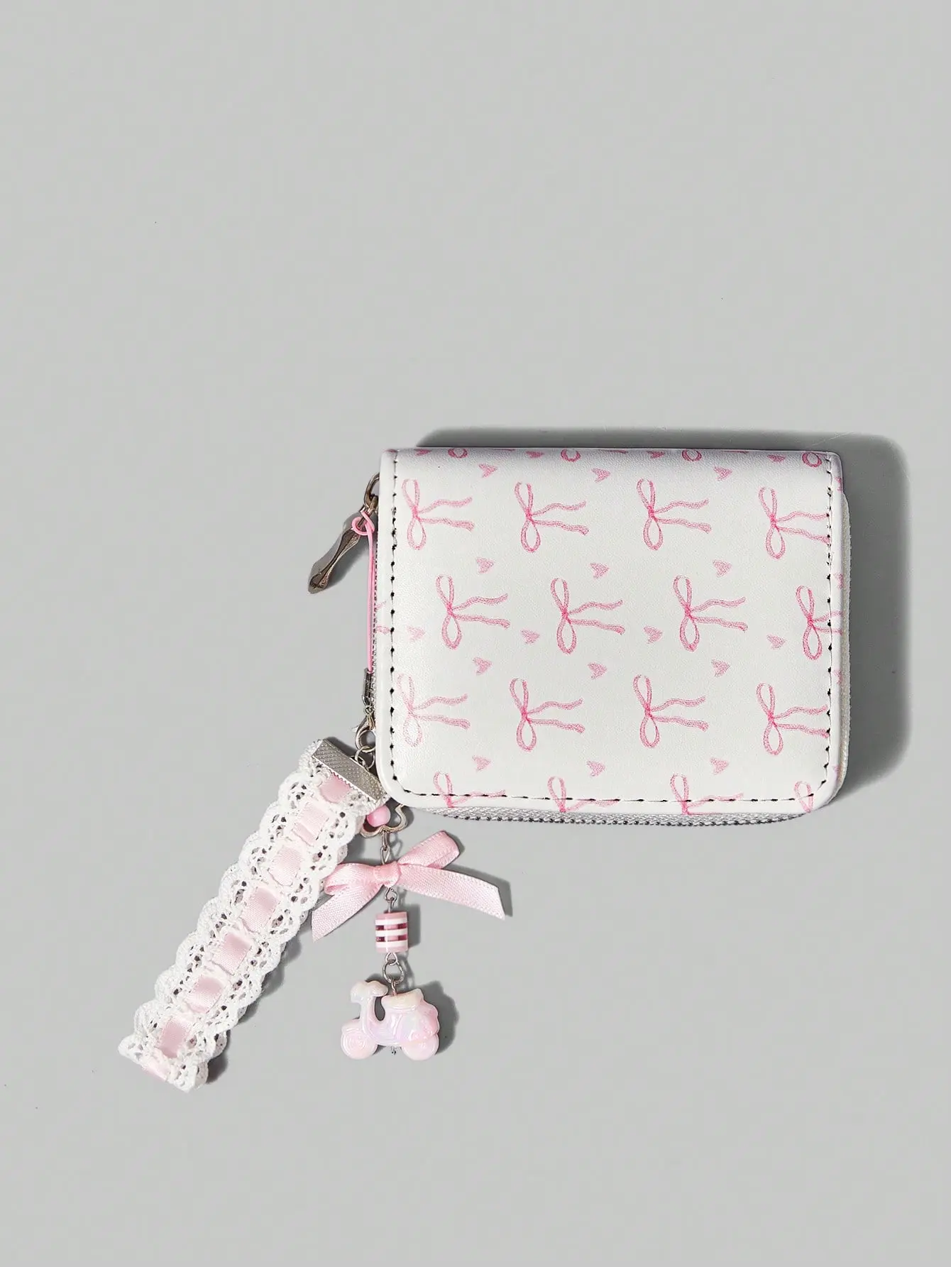 ROMWE Kawaii White Base With Pink Bowknot Motorcycle Pendant Short Wallet, Multifunctional Card Holder Wallet, Creative