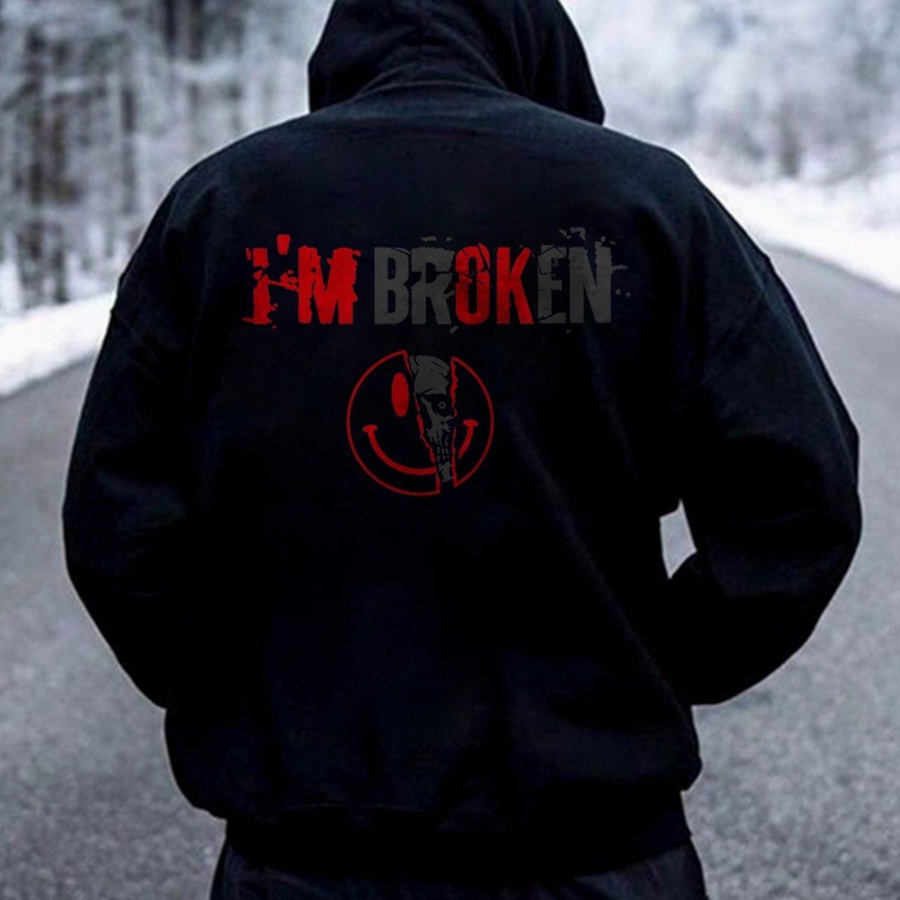 Vintage I’m Broken Letters Skull Print Men‘s Hoodie Z