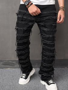 Men's Solid Fringe Trim Ripped Jeans, Casual Comfy Loose Fit Denim Pants for Daily Wear, Fashion Men's Bottoms for All Seasons, Cotton