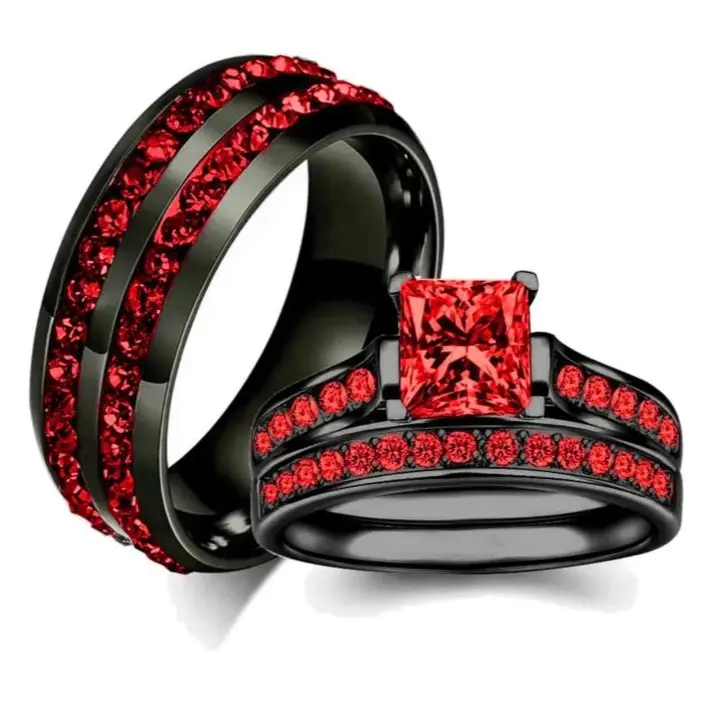 Red Women Rings, Romantic Red Cubic Zirconia Fashion Couple Rings, Women Ring Set, 1 Piece 2 Row Cubic Zirconia Ring for Men, Wedding Rings Daily Wear Jewelry