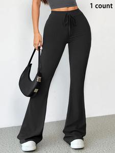 Women's Solid Tie Front High Waist Flare Leg Sports Leggings, Casual Comfy Breathable Bell Bottom Trousers Sports Bottoms for Yoga Gym Workout Running, Ladies Sportswear for All Seasons