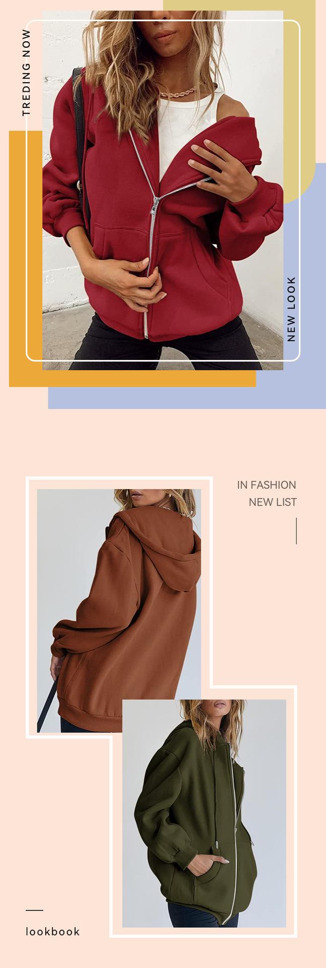 Product Introduction of Fashion Gray Zip Up Sweatshirt Women Autumn Winter Jacket Clothes Hoodies Daily Pockets Long Sleeve Solid Versatile Lady Hoodies 4