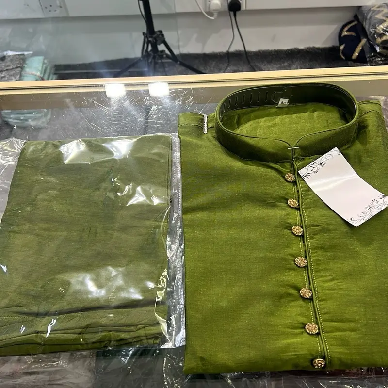 Men's Green Art Silk Kurta for Fashionable Muslim Gentlemen 3