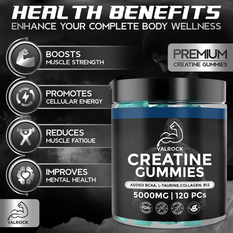Creatine Gummies 5000mg 120 Gummies | Added L-Taurine, BCAA's, Collagen, B12 | Muscle, Strength & Recovery | Mixed Berry Flavour (1 Month Supply) 1