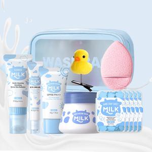 Milk Skincare Set, Moisturizing Skin Care Kit, Including Facial Cleanser, Eye Cream, Moisturizer, Sunscreen, Soap Tablet, Facial Puff, Duck Hair Clip, Cosmetic Bag
