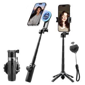 Portable Magnetic Selfie Stick, Smartphone Tripod Stand with Wireless Remote, 360 Degrees Adjustable Phone Vlogging Kit Tripod for iPhone & Android, Tripod Light