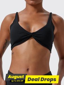 Women's Solid Twist Front Sports Bra, Casual Comfy Breathable High Stretch Yoga Bra, Ladies Sportswear for Indoor Outdoor Wear, Gym Clothes, Yoga Gym Activewear