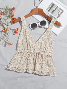 Women's Ditsy Floral Print Frill Trim Shirred Peplum Cami Top, Boho Fashion Deep V Neck Top for Daily Holiday Vacation Wear, Ladies Clothes for Summer