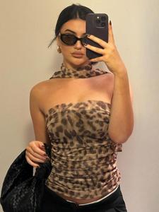 Women's Leopard Print Ruched Crop Tube Top & Tulle Scarf, Elegant Fashion Backless Top, Ladies Summer Clothes for Dating Club Party Daily Wear