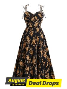 【Plus Size】 Floral Print Shirred Backless Tie Shoulder Cami Dress, Bohemian Boho Fashion Sleeveless Spaghetti Strap A-line Dress for Beach Holiday Vacation, Women's Clothes for Summer