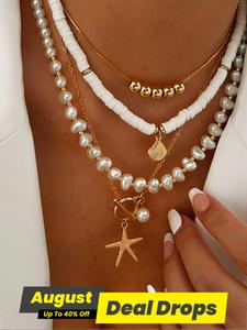 Boho Style Faux Pearl & Starfish & Shell Decor Boho Style Beaded Trendy Charm Necklaces, Fashion Jewelry for Party, Daily Clothing Decor, Trendy All-match & Exquisite Jewelry for Birthday Gift, Fashionable Accessory
