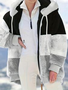 Plus Colorblock Zipper Drawstring Hooded Fuzzy Coat, Casual Long Sleeve Drop Shoulder Outerwear for Fall & Winter, Women's Clothes for Daily Wear