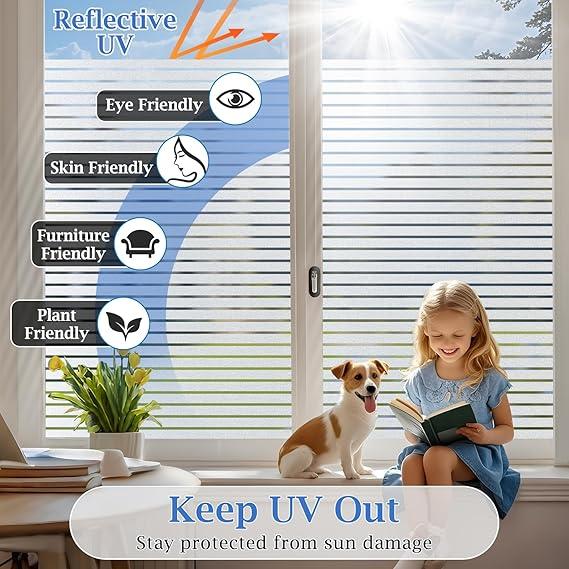 Window Film Privacy for Glass Windows Frosted Static Cling Stripe Patterns Priavcy No Glue Heat Reflective Sticker Home Office (Frosted, 44.5 * 200cm) 5