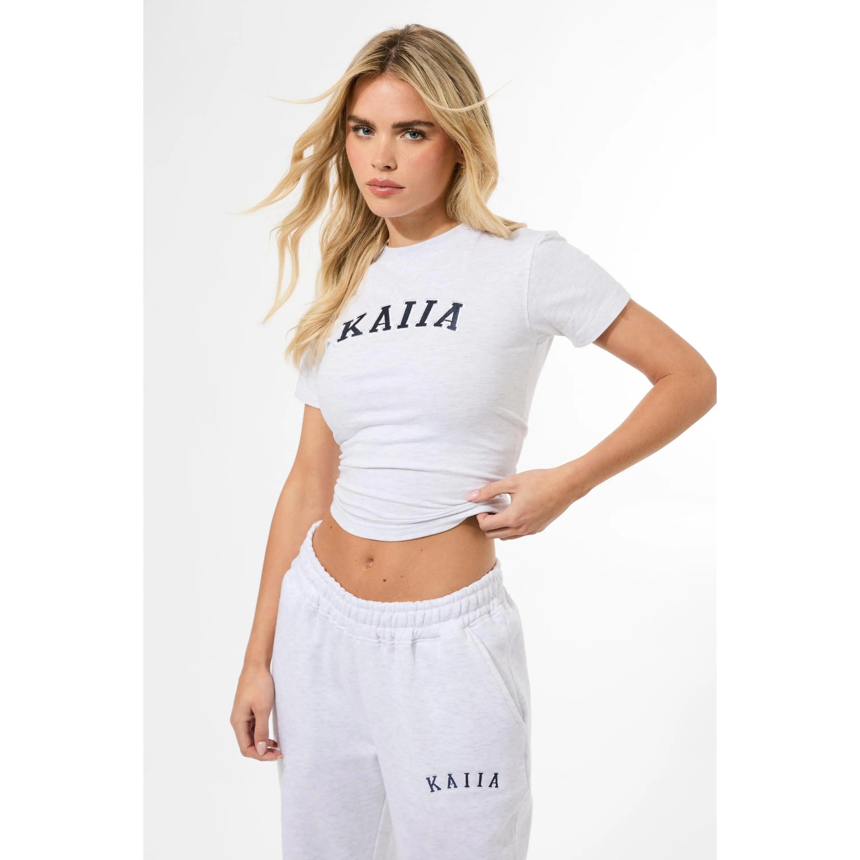 Kaiia Longline Baby Tee Light Grey Marl & Navy
