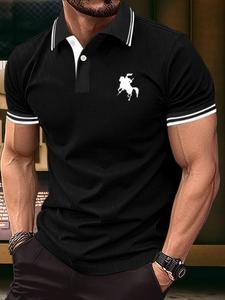 Men's Regular Fit Horse Print Contrast Trim Polo Shirt, Casual Short Sleeve Half Button Collar Top for Summer, Fashion Men's Clothes for Daily Wear
